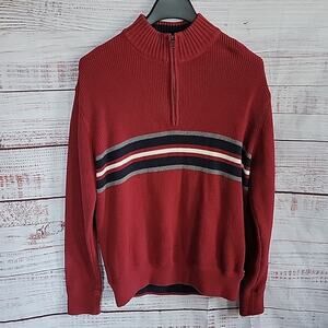 Eddie Bauer Red Navy Striped Half Zip Mock Neck Ribbed Knit Sweater Size Large